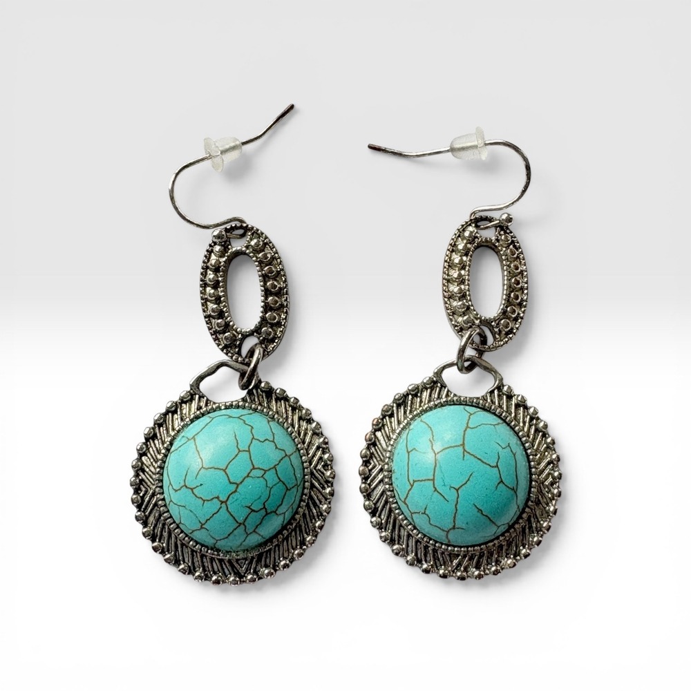 Turquoise Drop Earrings Boho‎ Western Dangle Silver Tone Statement